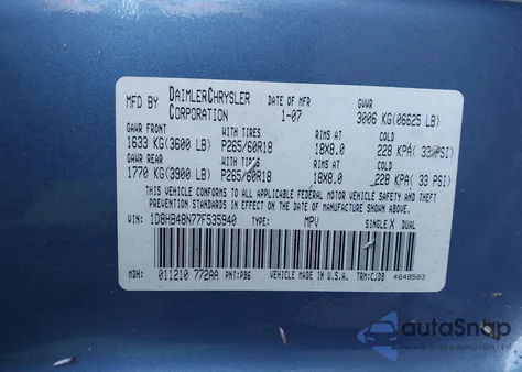 2007 Dodge Durango Slt from USA, damaged, VIN 1D8HB48N77F535940